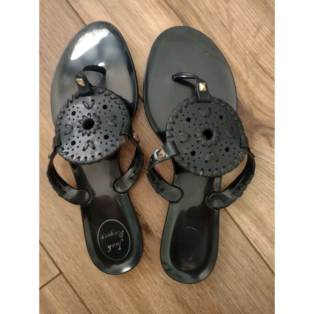 Vintage Jack Rogers Womens Sz 8 Rubber Flip Flops Thongs Sandals in Black & stud
